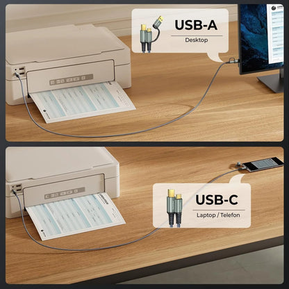 Cablu de imprimanta Timebox, USB si USB-C la USB-B 2, Placat cu aur, Gri