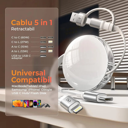 Cablu Retractabil de Date si Incarcare Rapida 5 Timebox, USB-C la Type-C, 60W, Alb