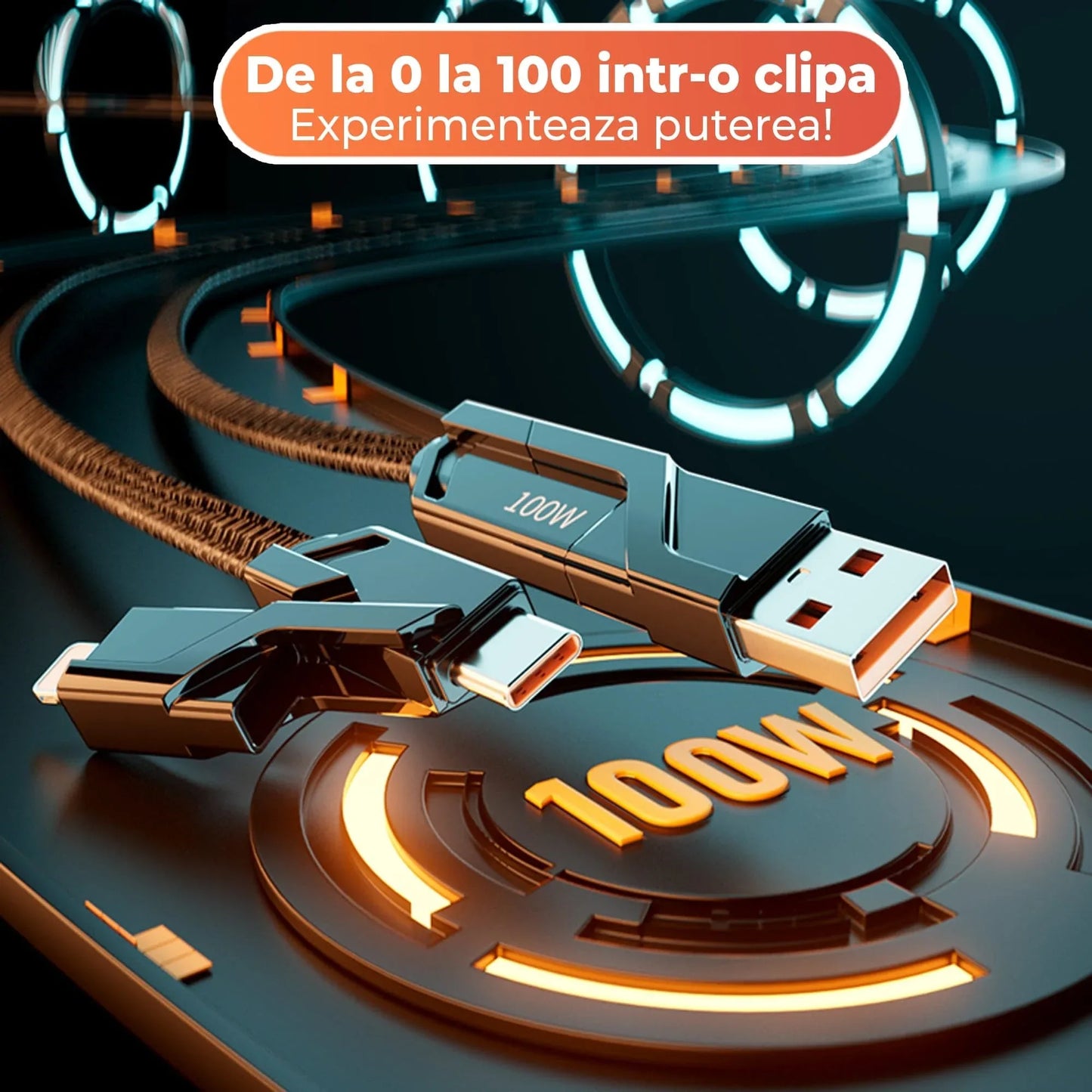 Cablu de date si Incarcare Rapida Timebox, 4 in 1, 100W, 1,5m, USB, Negru