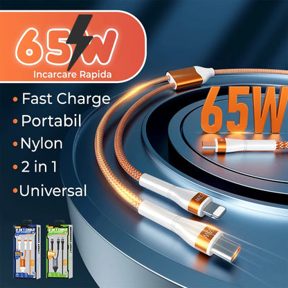 Cablu de Incarcare si Transfer de Date 2 in 1, Fast Charge 65W, 1,5m, USB-C, Type-C, Lightning, Portocaliu - 221.ro