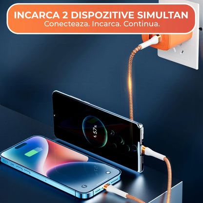 Cablu de Incarcare si Transfer de Date 2 in 1, Fast Charge 65W, 1,5m, USB-C, Type-C, Lightning, Portocaliu - 221.ro
