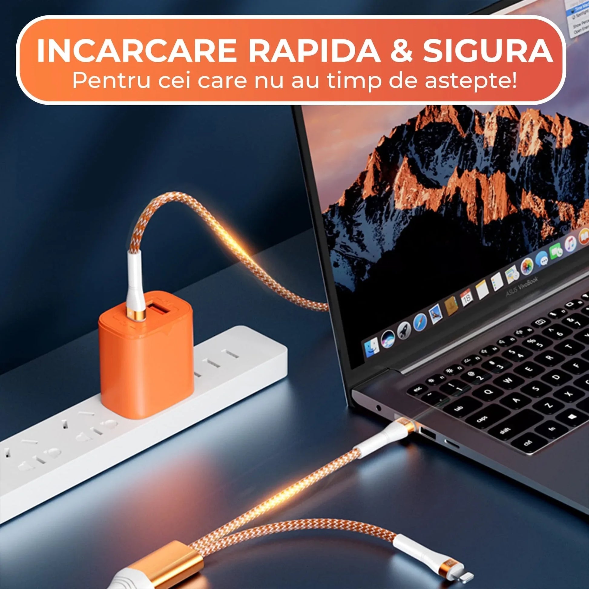 Cablu de Incarcare si Transfer de Date 2 in 1, Fast Charge 65W, 1,5m, USB-C, Type-C, Lightning, Portocaliu - 221.ro