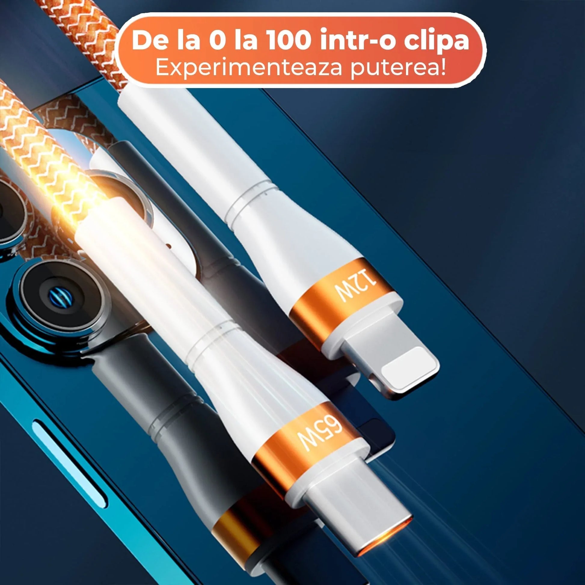 Cablu de Incarcare si Transfer de Date 2 in 1, Fast Charge 65W, 1,5m, USB-C, Type-C, Lightning, Portocaliu - 221.ro