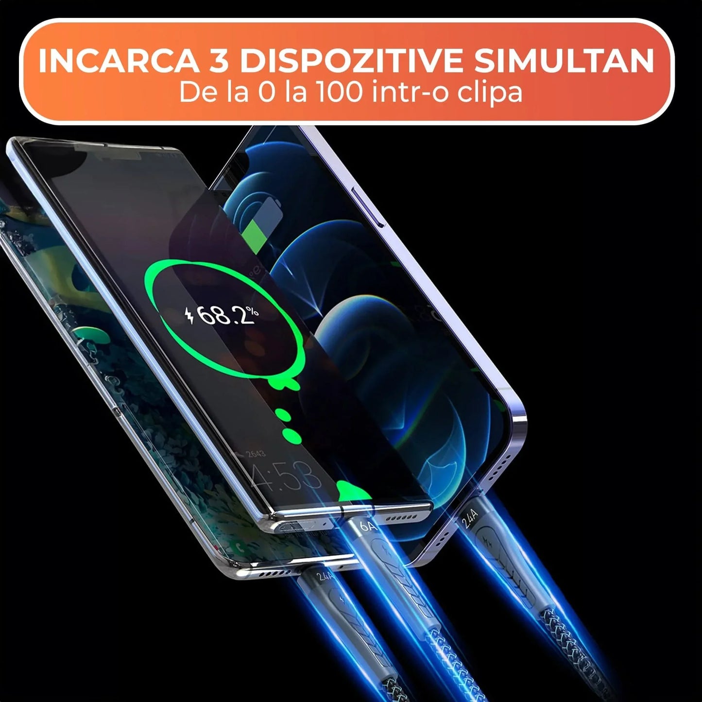 Cablu de date si Incarcare Rapida Timebox, 3 in 1, 1,3m, Nailon, Albastru