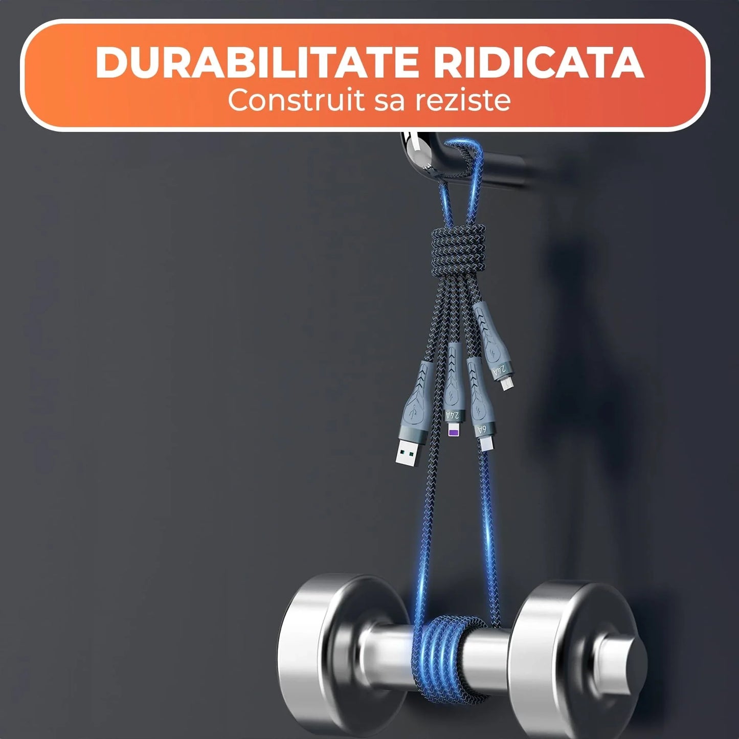 Cablu de date si Incarcare Rapida Timebox, 3 in 1, 1,3m, Nailon, Albastru
