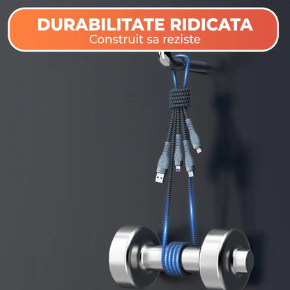 Cablu de date si Incarcare Rapida Timebox, 3 in 1, 1,3m, Nailon, Albastru