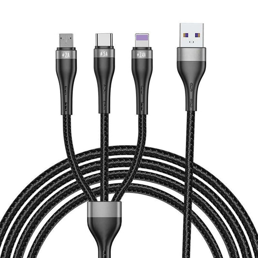 Cablu de date si Incarcare Rapida Timebox, 3 in 1, 1,2m, Nailon, Negru