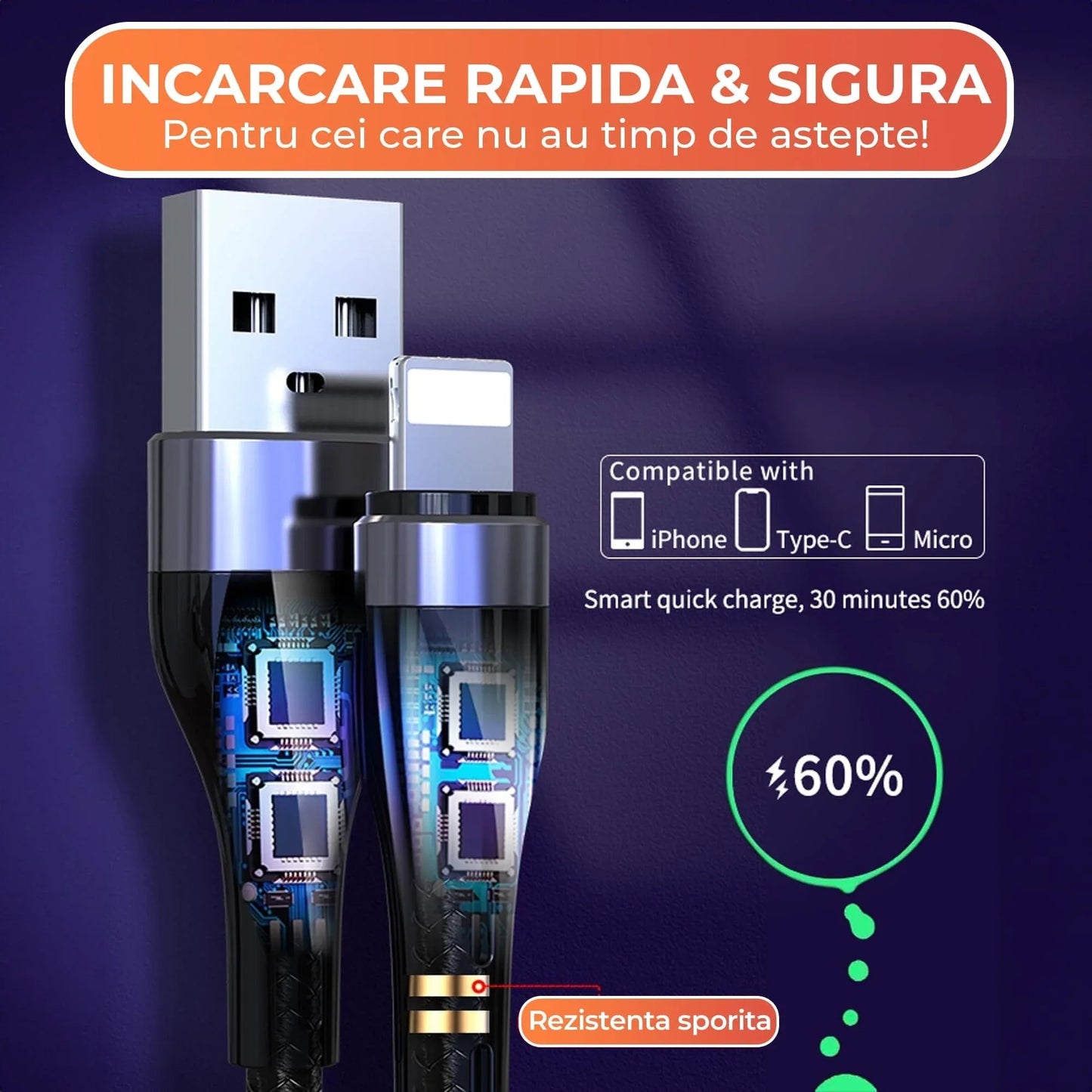 Cablu de date si Incarcare Rapida Timebox, 3 in 1, 1,2m, Nailon, Negru