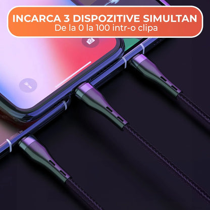 Cablu de date si Incarcare Rapida Timebox, 3 in 1, 1,2m, Nailon, Negru