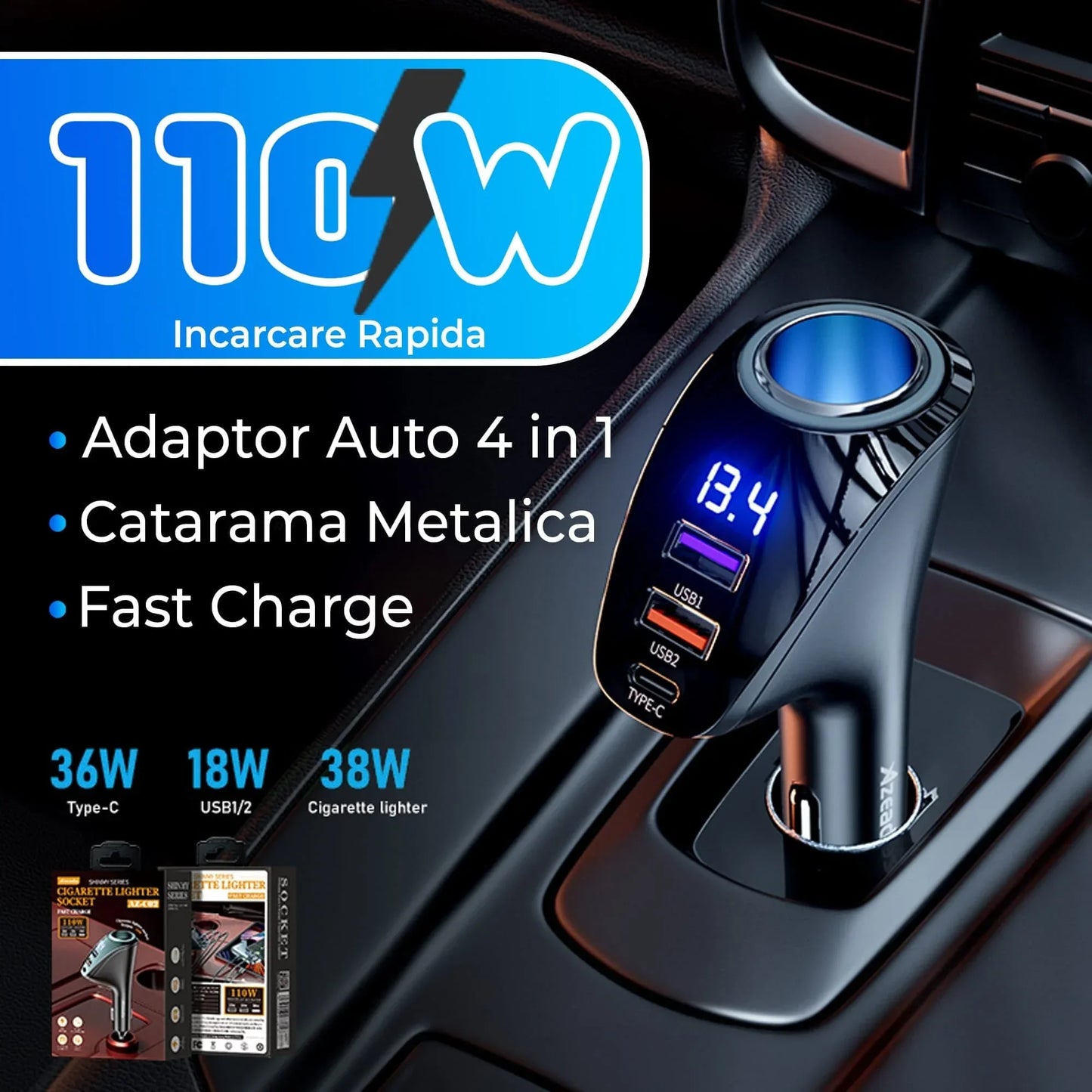 Adaptor priza Timebox, incarcator auto 4 in 1 multiplicator, 110W, 1 x soclu auto, 2 x USB, 1 x USB-C, afisaj display, Negru - 221.ro