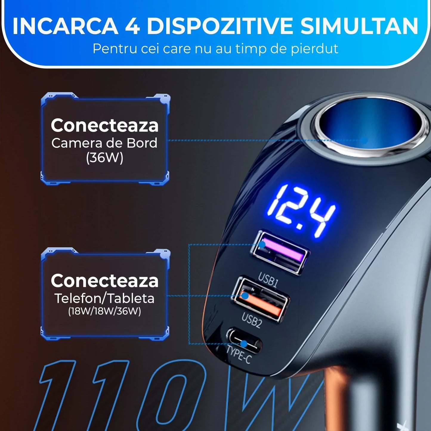 Adaptor priza Timebox, incarcator auto 4 in 1 multiplicator, 110W, 1 x soclu auto, 2 x USB, 1 x USB-C, afisaj display, Negru - 221.ro