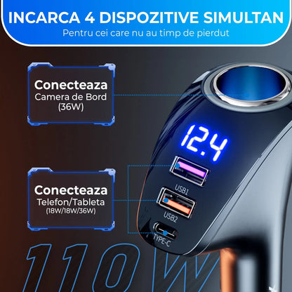 Adaptor priza Timebox, incarcator auto 4 in 1 multiplicator, 110W, 1 x soclu auto, 2 x USB, 1 x USB-C, afisaj display, Negru - 221.ro