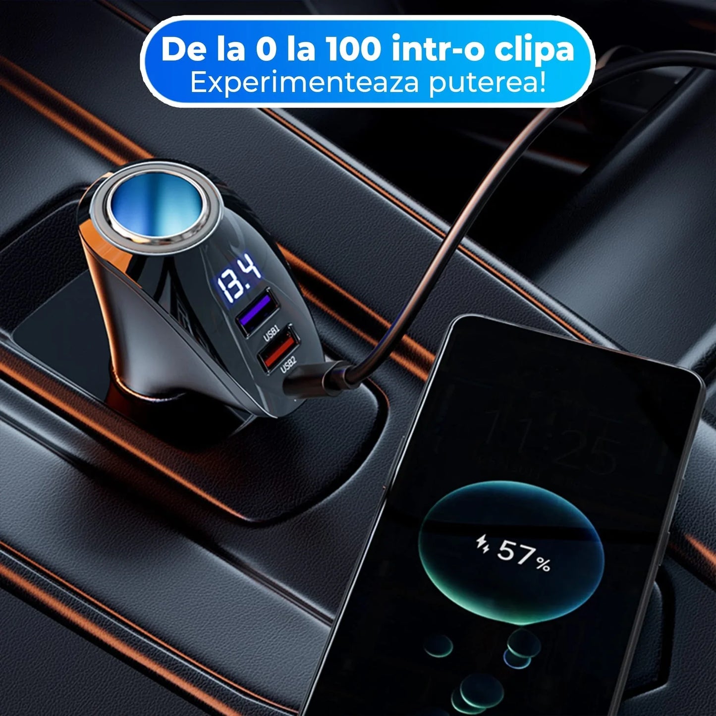 Adaptor priza Timebox, incarcator auto 4 in 1 multiplicator, 110W, 1 x soclu auto, 2 x USB, 1 x USB-C, afisaj display, Negru - 221.ro