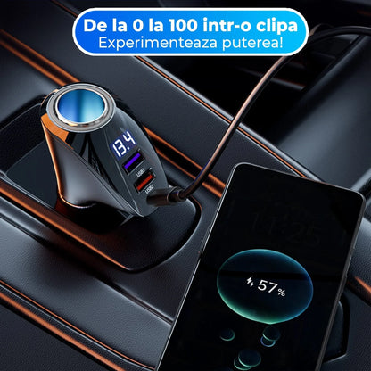 Adaptor priza Timebox, incarcator auto 4 in 1 multiplicator, 110W, 1 x soclu auto, 2 x USB, 1 x USB-C, afisaj display, Negru - 221.ro