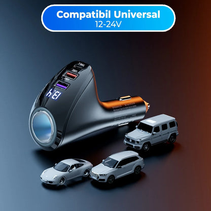 Adaptor priza Timebox, incarcator auto 4 in 1 multiplicator, 110W, 1 x soclu auto, 2 x USB, 1 x USB-C, afisaj display, Negru - 221.ro