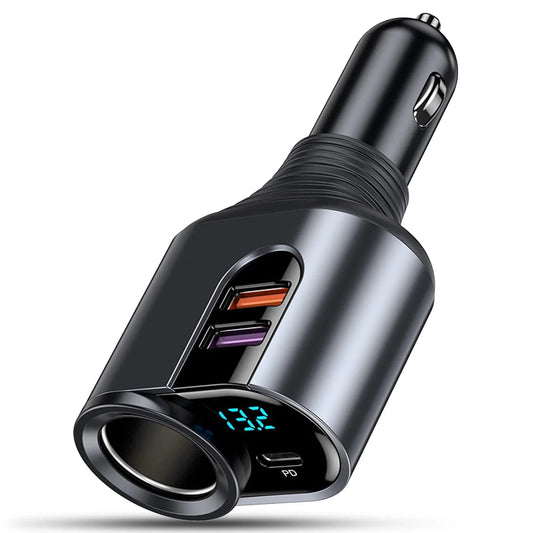 Adaptor priza Timebox, incarcator auto 4 in 1 multiplicator, 166W, 1 x soclu auto, 2 x USB, 1 x USB-C, afisaj display, Negru - 221.ro