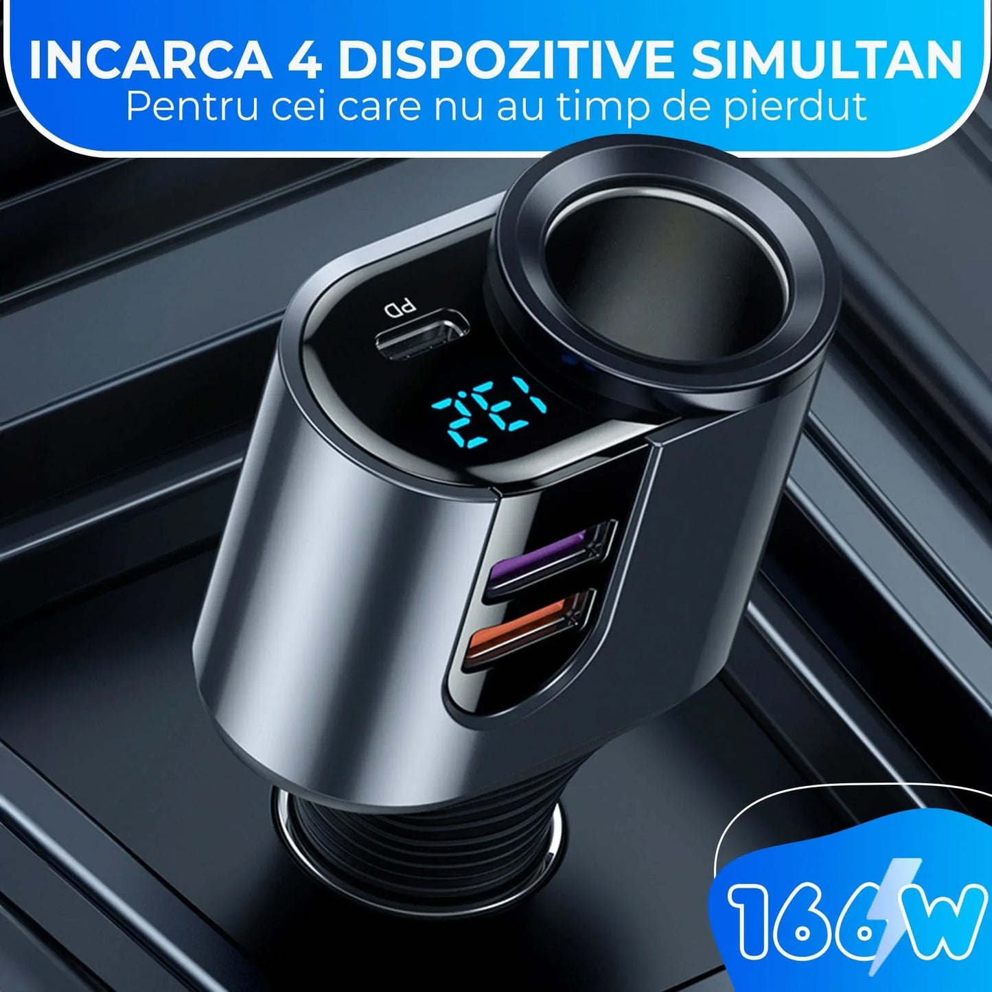Adaptor priza Timebox, incarcator auto 4 in 1 multiplicator, 166W, 1 x soclu auto, 2 x USB, 1 x USB-C, afisaj display, Negru - 221.ro