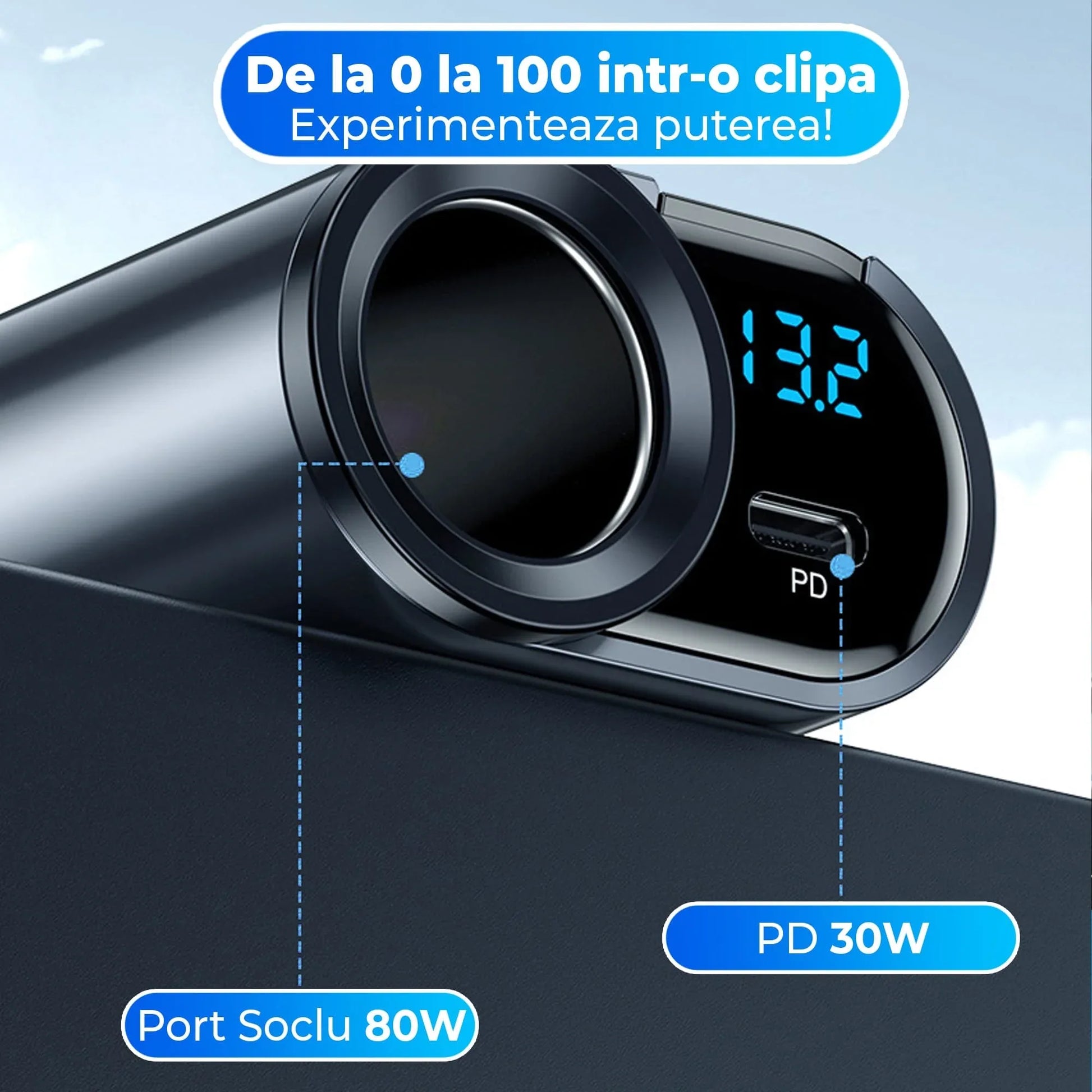 Adaptor priza Timebox, incarcator auto 4 in 1 multiplicator, 166W, 1 x soclu auto, 2 x USB, 1 x USB-C, afisaj display, Negru - 221.ro