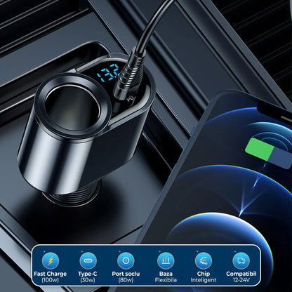 Adaptor priza Timebox, incarcator auto 4 in 1 multiplicator, 166W, 1 x soclu auto, 2 x USB, 1 x USB-C, afisaj display, Negru - 221.ro