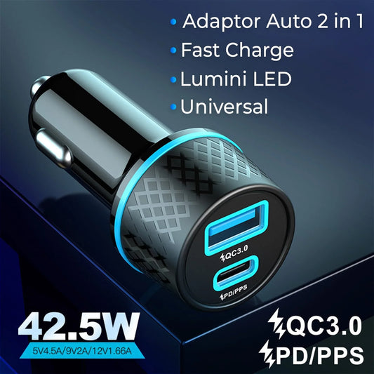 Incarcator auto Timebox, Super Fast-Charge 43W, 1 x USB QC 3,0, 1 x USB-C, Lumini LED, Universal, Negru - 221.ro