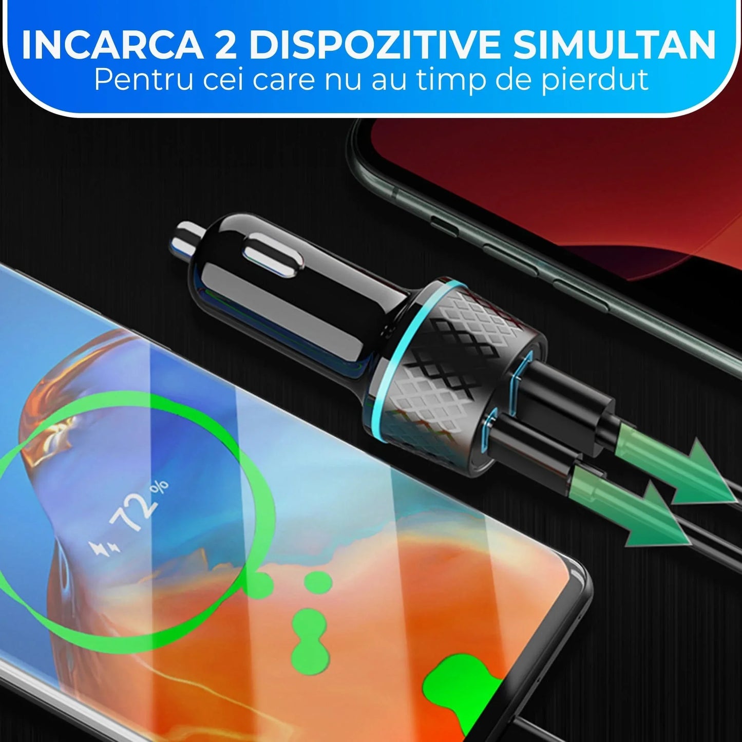 Incarcator auto Timebox, Super Fast-Charge 43W, 1 x USB QC 3,0, 1 x USB-C, Lumini LED, Universal, Negru - 221.ro