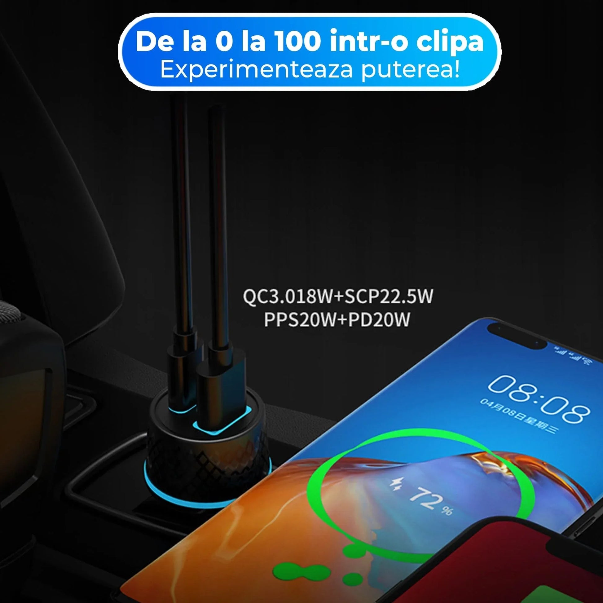 Incarcator auto Timebox, Super Fast-Charge 43W, 1 x USB QC 3,0, 1 x USB-C, Lumini LED, Universal, Negru - 221.ro