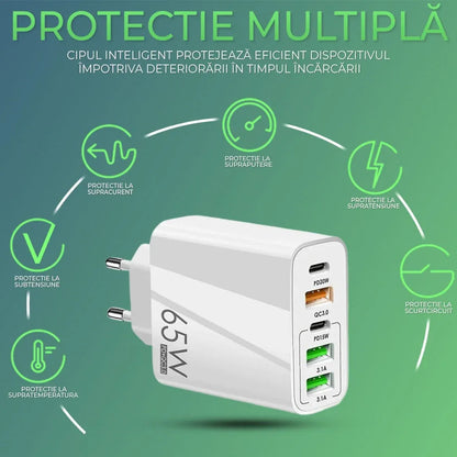 Incarcator Retea, 65W, 5 Porturi, 3 x USB, 2 x Type-C, Alb