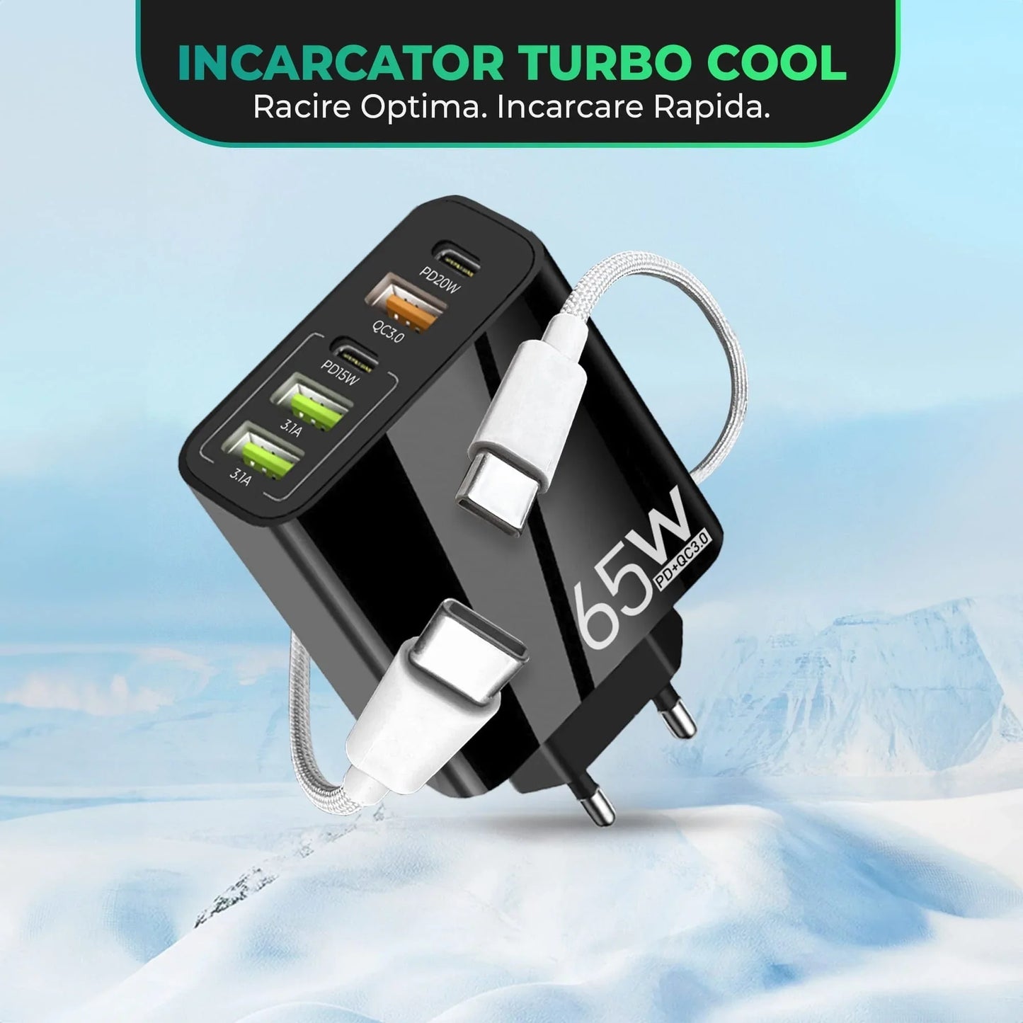 Incarcator Retea, 65W, 5 Porturi, 3 x USB, 2 x Type-C, Negru