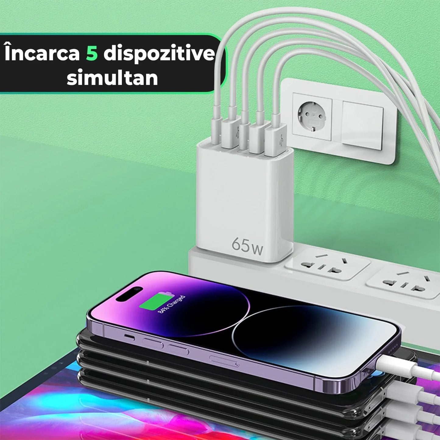 Incarcator Retea, 5 Porturi, 65W, 3 x USB, 2 x Type-C, Alb