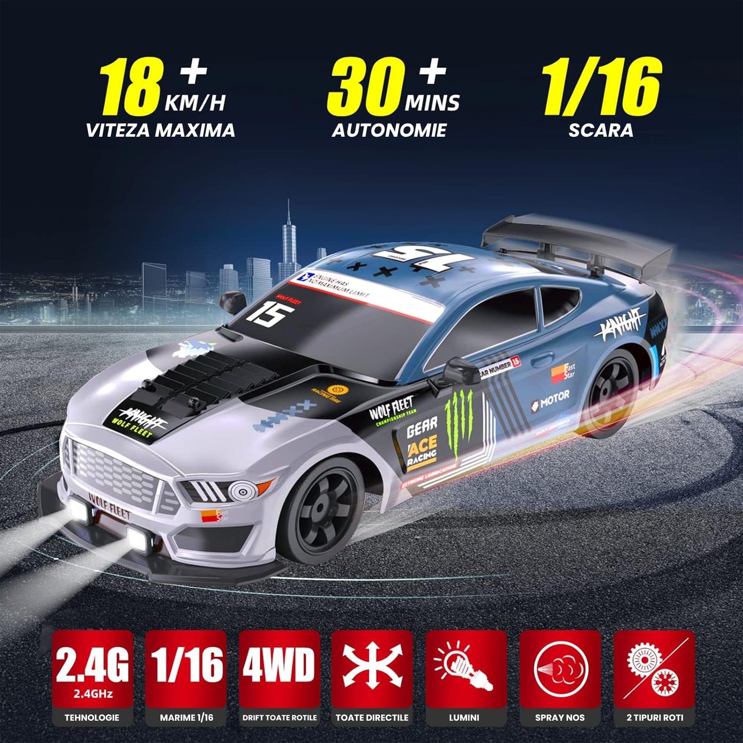 Masina cu telecomanda RC, Timebox, Drift car, 20km/h, lumini LED, cauciucuri interschimbabile, 2 baterii tip acumulator incluse, 1:16, Gri/Albastru