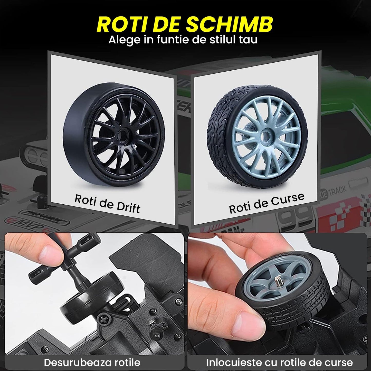 Masina cu telecomanda RC, Timebox, Drift car, 20km/h, lumini LED, cauciucuri interschimbabile, 2 baterii tip acumulator incluse, 1:16, Gri/Albastru