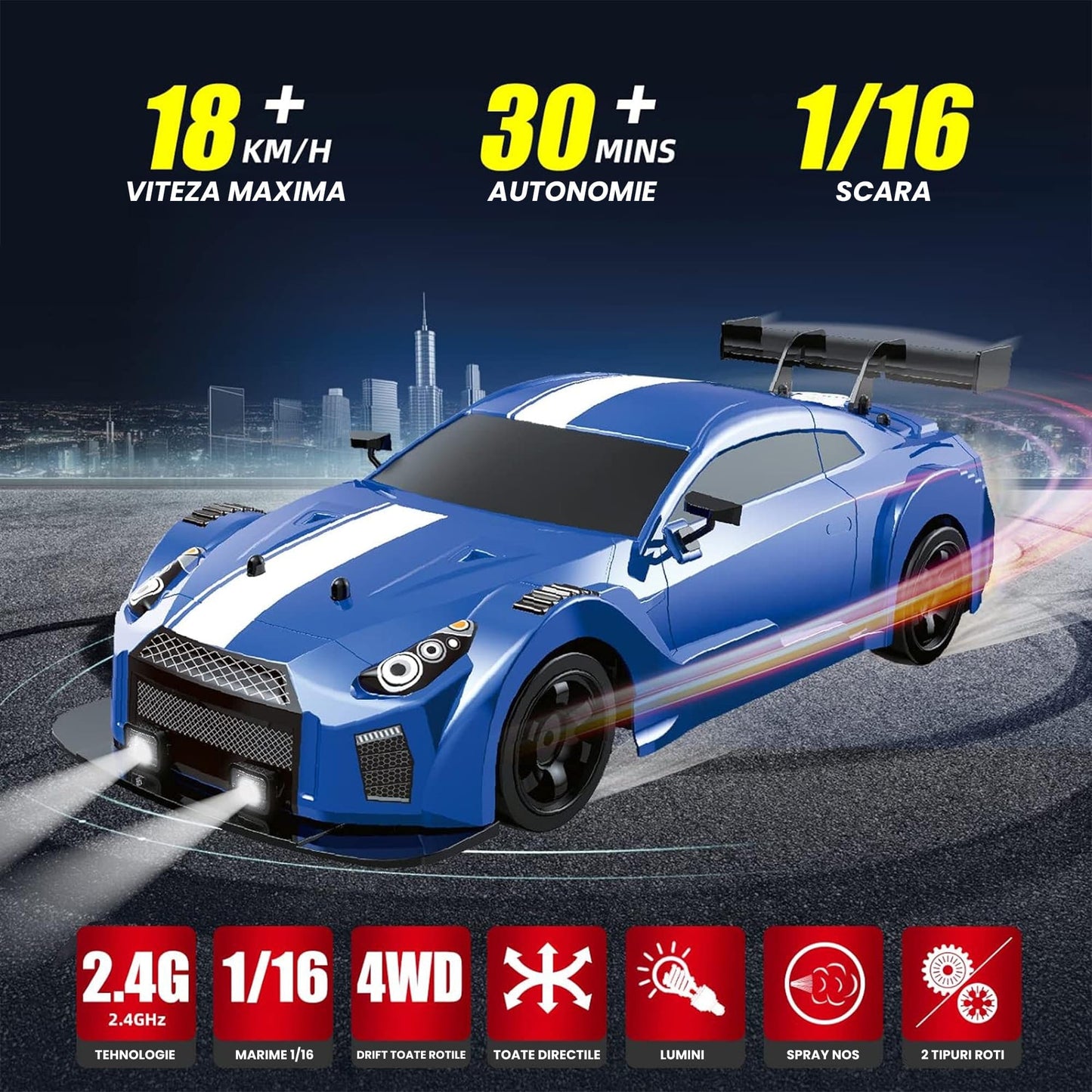 Masina cu telecomanda RC, Timebox, Drift car, 20km/h, lumini LED, cauciucuri interschimbabile, 2 baterii tip acumulator incluse, 1:16, Albastru