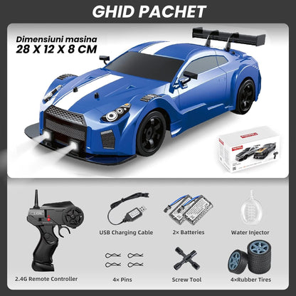Masina cu telecomanda RC, Timebox, Drift car, 20km/h, lumini LED, cauciucuri interschimbabile, 2 baterii tip acumulator incluse, 1:16, Albastru