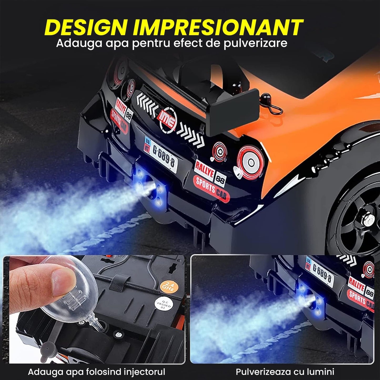 Masina cu telecomanda RC, Timebox, Drift car, 20km/h, lumini LED, cauciucuri interschimbabile, 2 baterii tip acumulator incluse, 1:16, Albastru