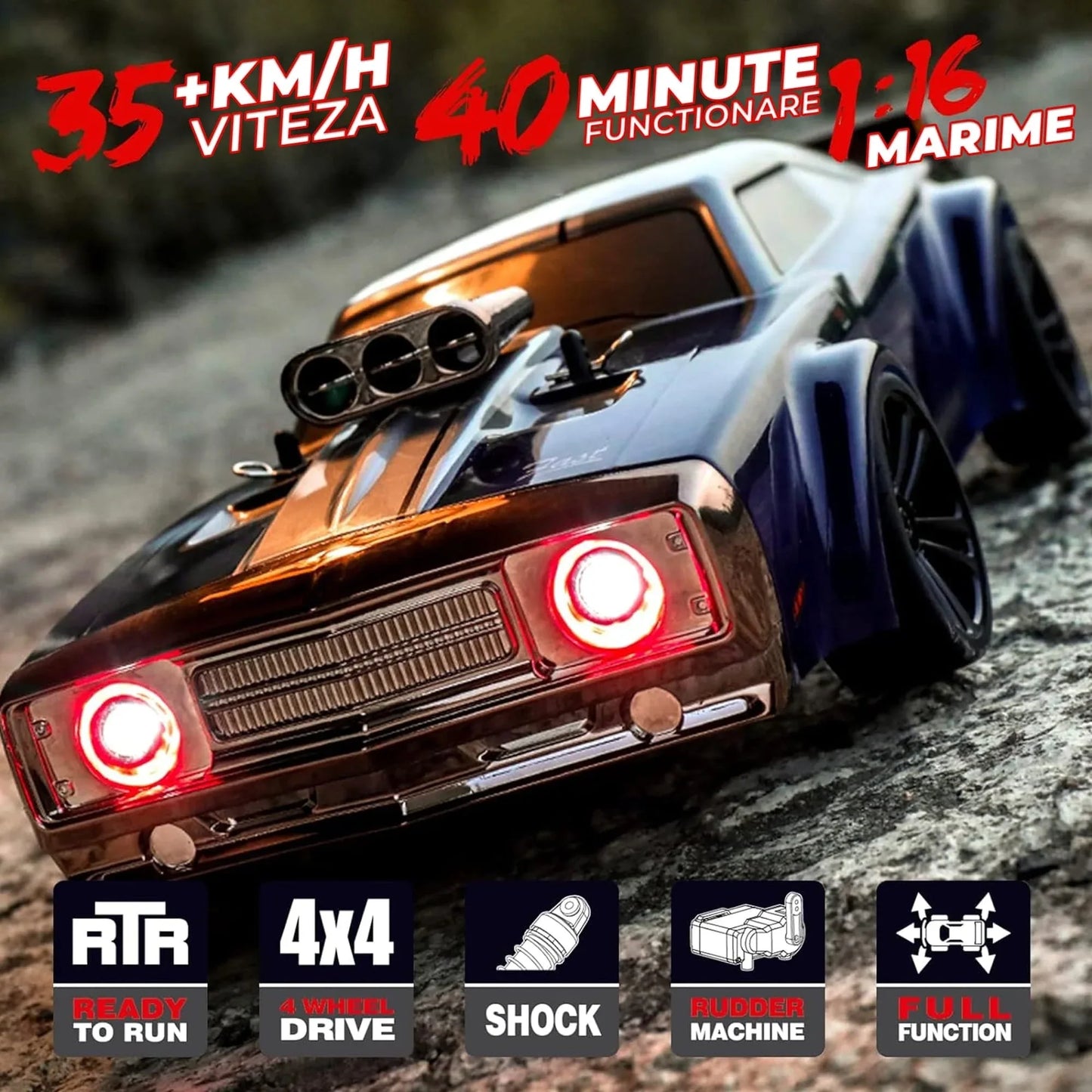 Masina cu telecomanda RC Timebox, 38km/h, 1:16, 4WD, Drift car, Albastru