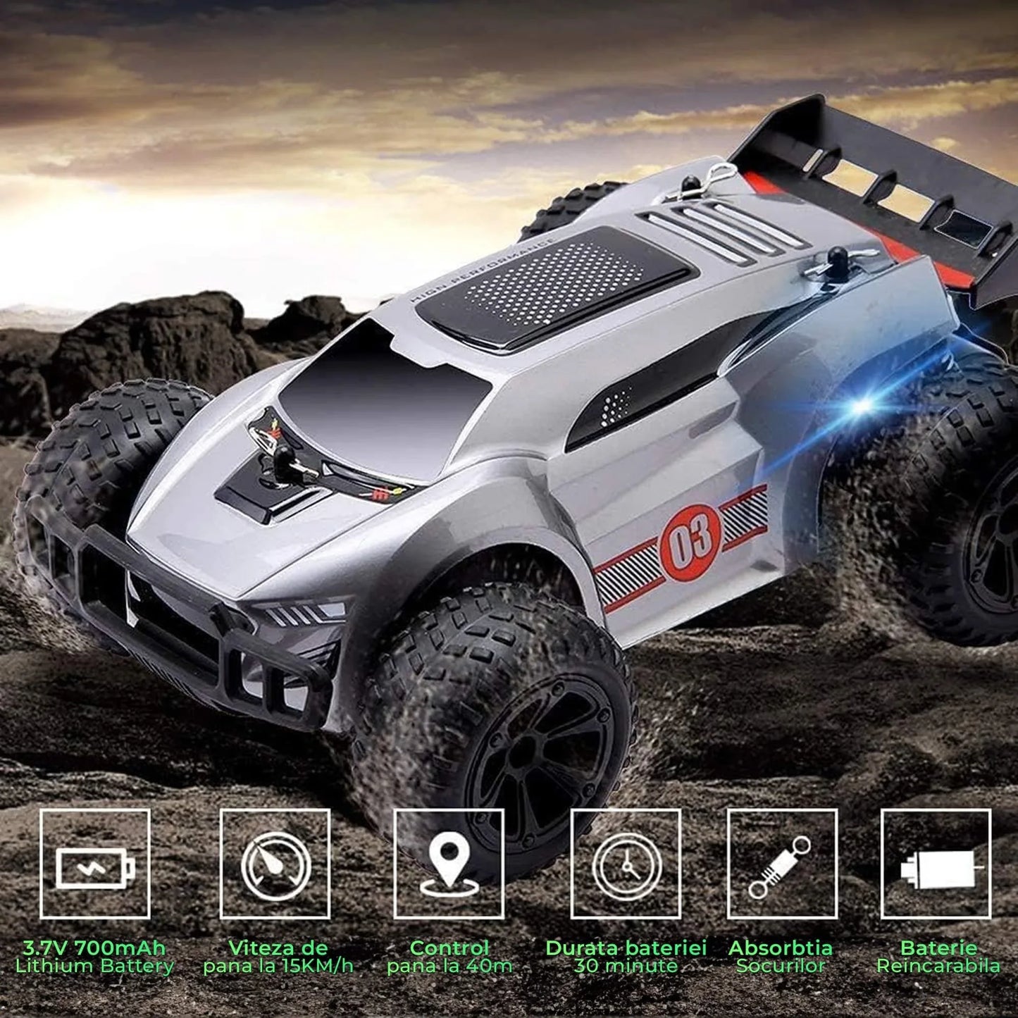 Masina cu telecomanda RC, Timebox, 15 km/h, 4WD, Off-road, lumini LED, Gri - 221.ro