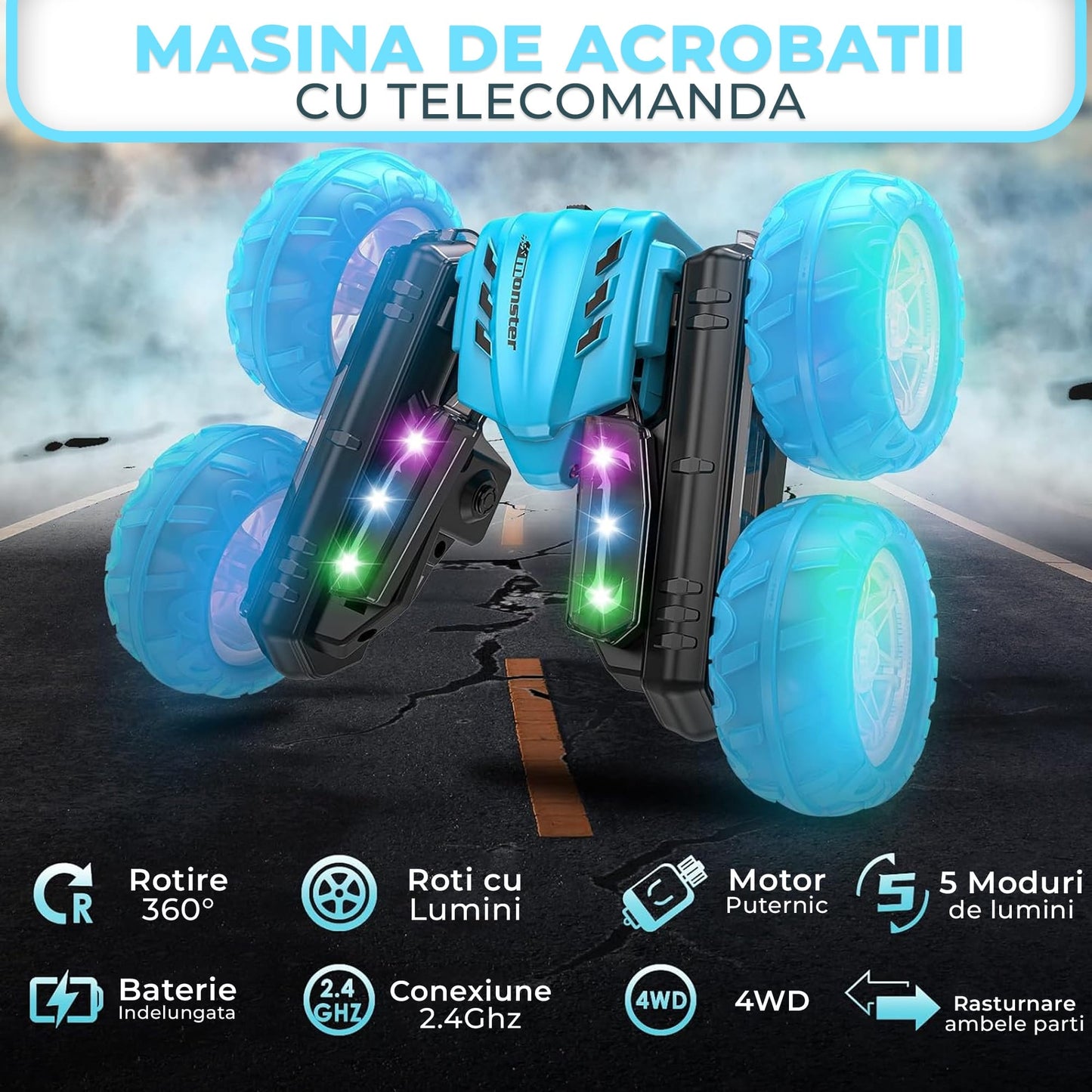 Masina cu telecomanda cu Rotire 360°, Timebox, 4WD, Off-road, lumini LED, Albastru