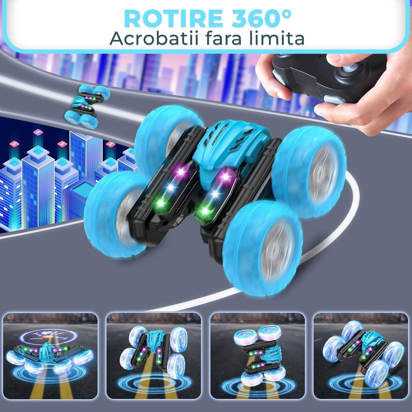 Masina cu telecomanda cu Rotire 360°, Timebox, 4WD, Off-road, lumini LED, Albastru