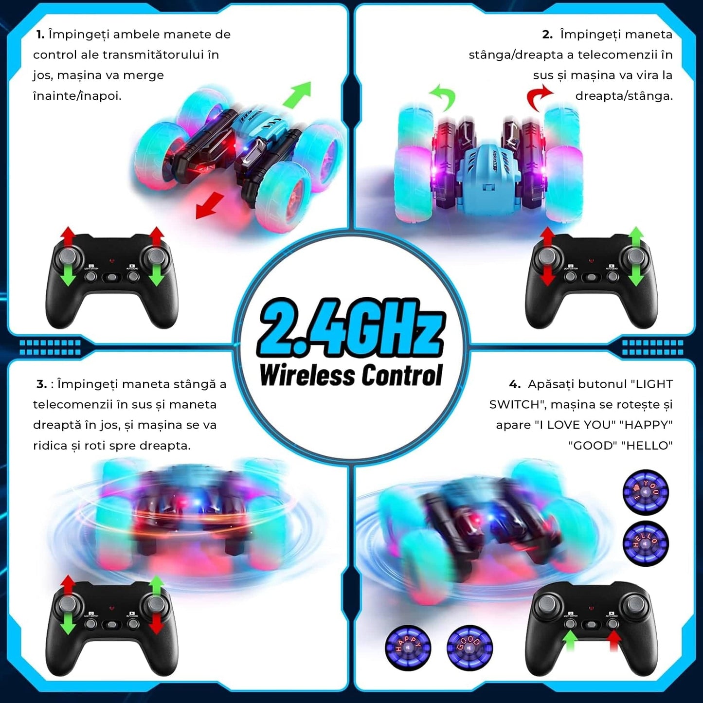 Masina cu telecomanda cu Rotire 360°, Timebox, 4WD, Off-road, lumini LED, Albastru