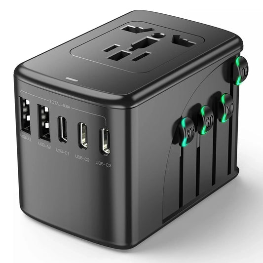 Adaptor incarcator universal priza de calatorie Timebox, 2 x USB, 3 x Type-C, Negru