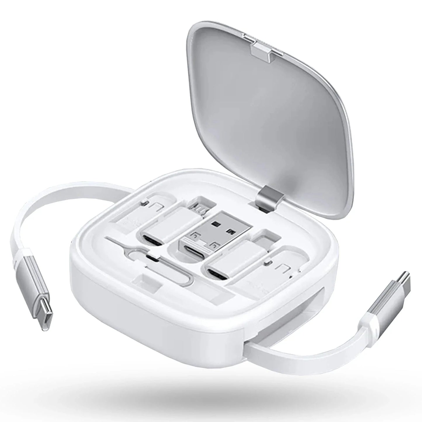 Cablu de date 6 in 1, Retractabil, Fast Charge, USB, Type-C, Lightning, Alb