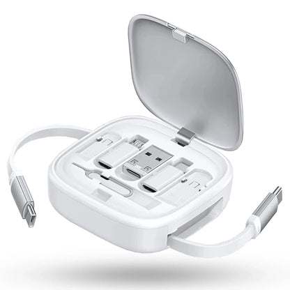 Cablu de date 6 in 1, Retractabil, Fast Charge, USB, Type-C, Lightning, Alb