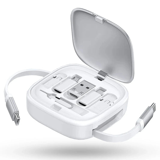 Cablu de date 6 in 1, Retractabil, Fast Charge, USB, Type-C, Lightning, Alb