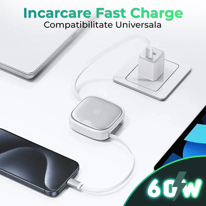 Cablu de date 6 in 1, Retractabil, Fast Charge, USB, Type-C, Lightning, Alb