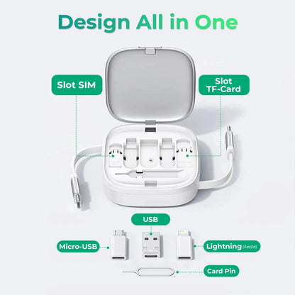 Cablu de date 6 in 1, Retractabil, Fast Charge, USB, Type-C, Lightning, Alb
