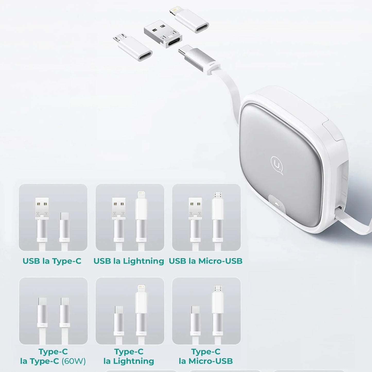 Cablu de date 6 in 1, Retractabil, Fast Charge, USB, Type-C, Lightning, Alb
