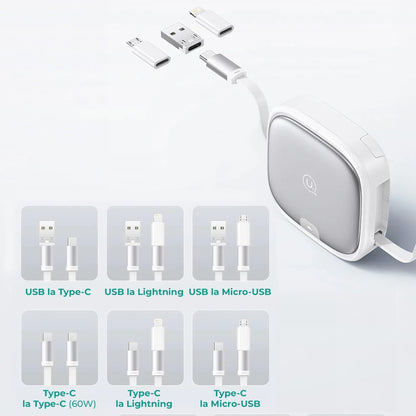 Cablu de date 6 in 1, Retractabil, Fast Charge, USB, Type-C, Lightning, Alb