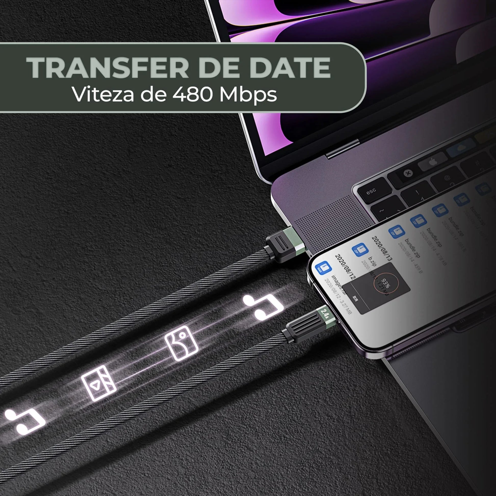 Cablu de Incarcare si Transfer de Date, Timebox, Fast Charge 27W, 480Mbps, 1m, USB la Lightning, Compatibil iPhone, Macbook, AirPods, Negru - 221.ro