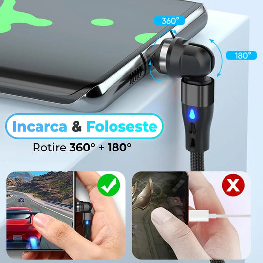 Cablu de date si incarcare Rapida Timebox, 3 in 1, 2m, Rotire 540 grade, Negru