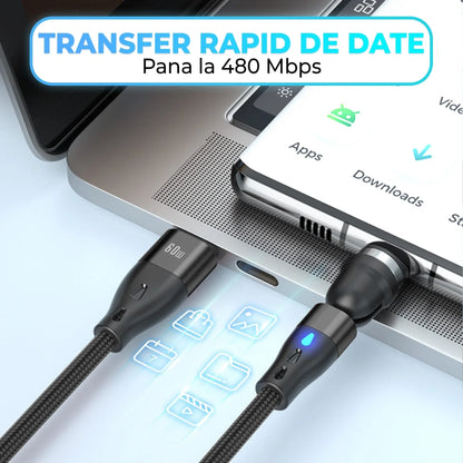 Cablu de date si incarcare Rapida Timebox, 3 in 1, 2m, Rotire 540 grade, Negru